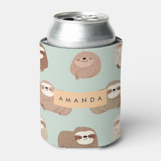 Personalised Pastel Adorable Sloth Pattern Can Cooler (Can Front)
