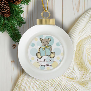 Personalised Pastel Blue and Yellow Teddy Bear Ceramic Ball Christmas Ornament
