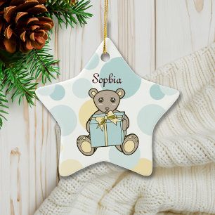 Personalised Pastel Blue and Yellow Teddy Bear Ceramic Tree Decoration