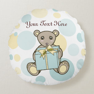 Personalised Pastel Blue and Yellow Teddy Bear Round Cushion