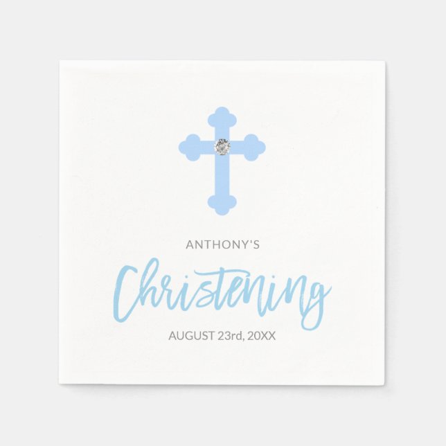 Personalised Pastel Blue Boy Cross CHRISTENING Napkin (Front)