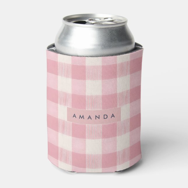 Personalised Pastel Blush Pink Gingham Can Cooler (Can Front)