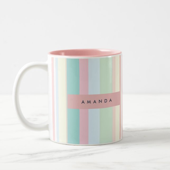 Personalised Pastel Candy Stripe Design Two-Tone Coffee Mug (Left)