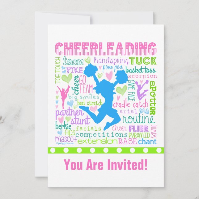 Personalised Pastel Cheerleading Words Typography Invitation (Front)