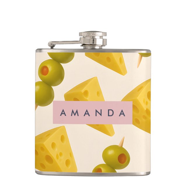 Personalised Pastel Cheese and Olive Pattern Hip Flask (Front)