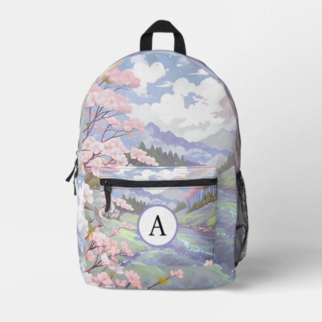 Personalised Pastel Cherry Blossoms Watercolor Printed Backpack (Front)