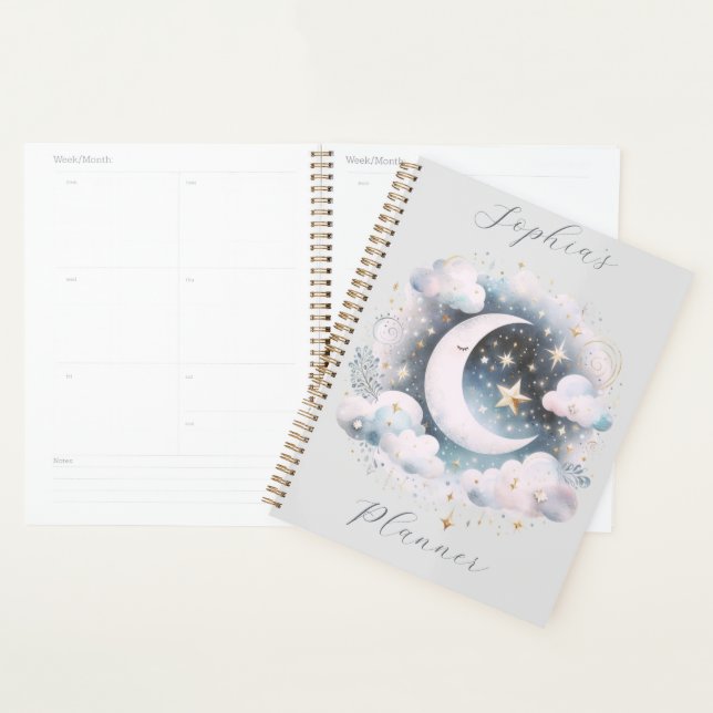 Personalised Pastel Crescent Moon Celestial Clouds Planner (Display)