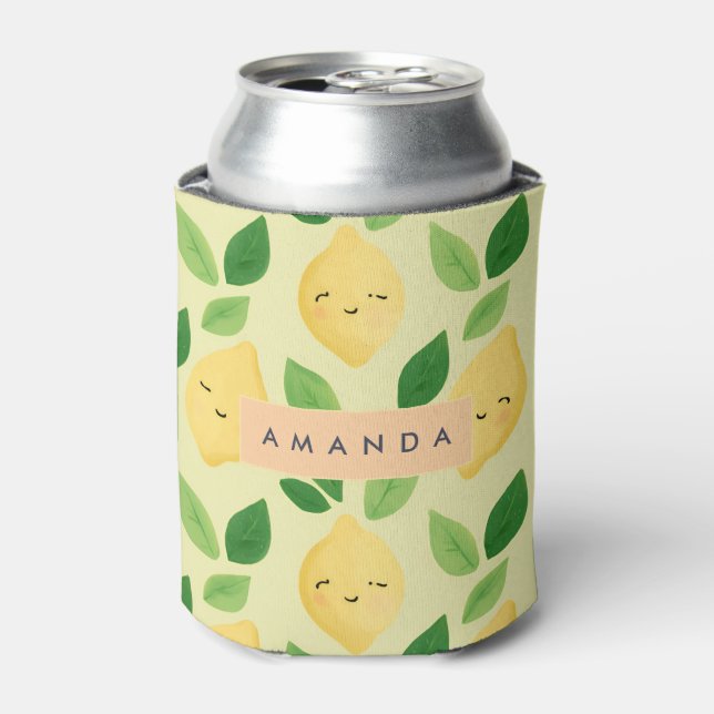 Personalised Pastel Cute Smiling Lemon Pattern  Can Cooler (Can Front)