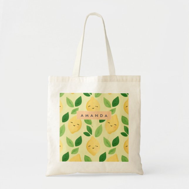 Personalised Pastel Cute Smiling Lemon Pattern  Tote Bag (Front)