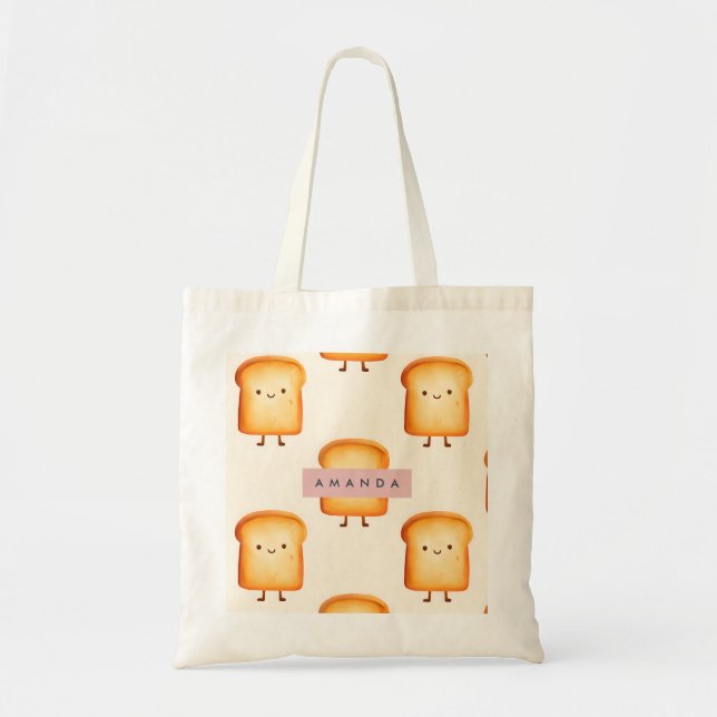 Personalised Pastel Cute Smiling Toast Pattern Tote Bag (Front)