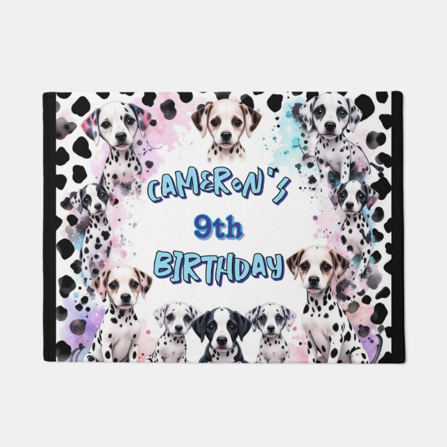 Personalised Pastel Dalmatian Puppy Birthday Doormat (Front)