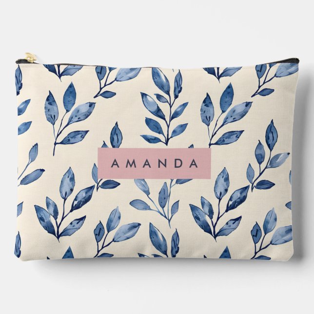 Personalised Pastel Elegant Blue Leaf  Accessory Pouch (Front)