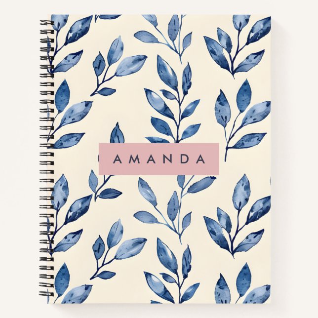 Personalised Pastel Elegant Blue Leaf  Notebook (Front)