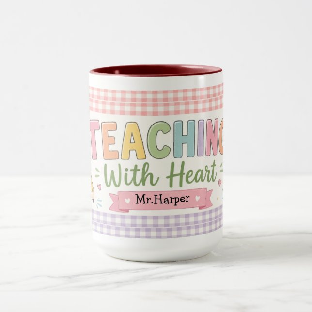  Personalised Pastel Gingham Teaching With Heart Mug (Center)