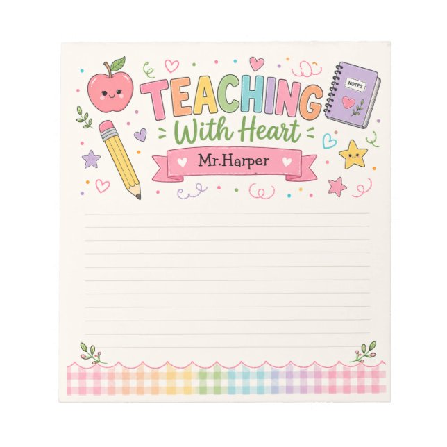 Personalised Pastel Gingham Teaching With Heart  Notepad (Front)