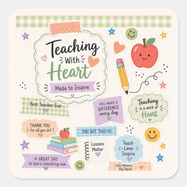 Personalised Pastel Gingham Teaching With Heart  Square Sticker (Front)