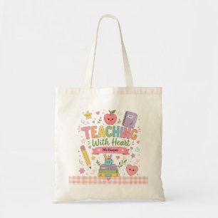 Personalised Pastel Gingham Teaching With Heart Tote Bag
