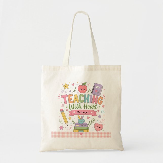 Personalised Pastel Gingham Teaching With Heart Tote Bag (Front)