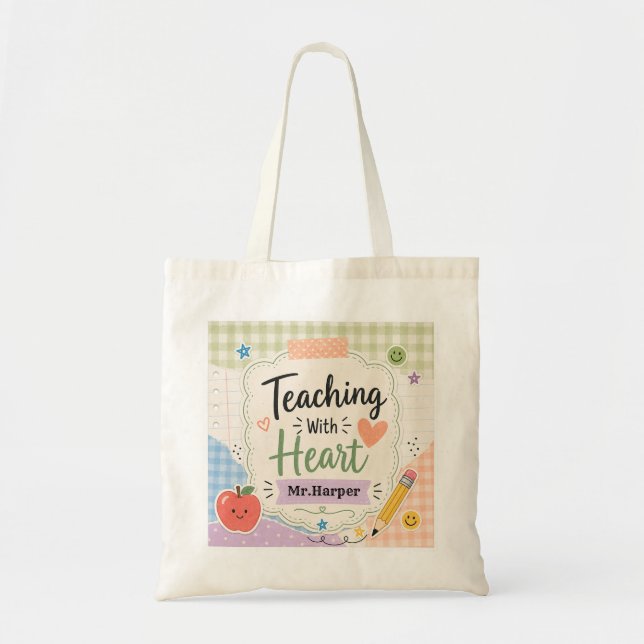 Personalised Pastel Gingham Teaching With Heart Tote Bag (Front)