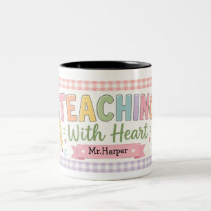  Personalised Pastel Gingham Teaching With Heart Two-Tone Coffee Mug
