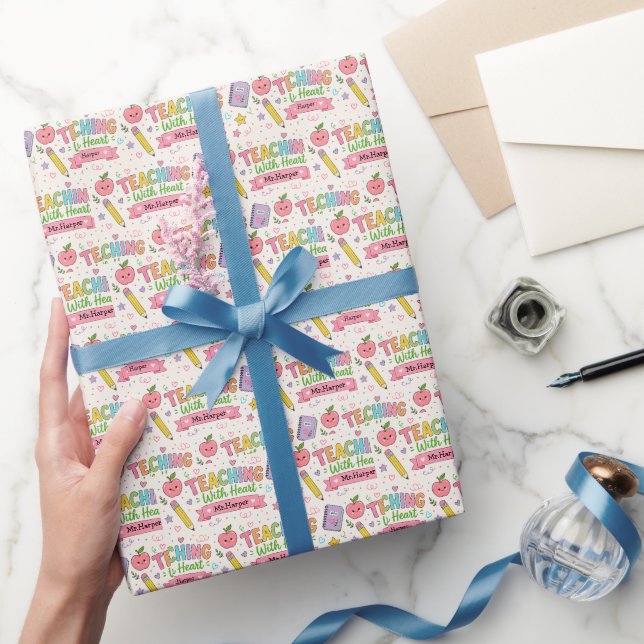 Personalised Pastel Gingham Teaching With Heart  Wrapping Paper (Gifting)
