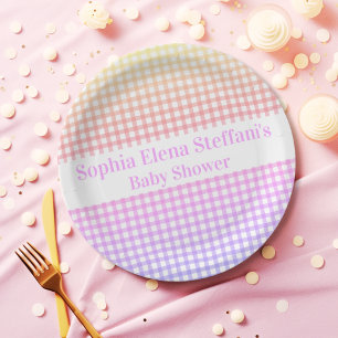 Personalised Pastel Gradient Gingham Party Paper Plate