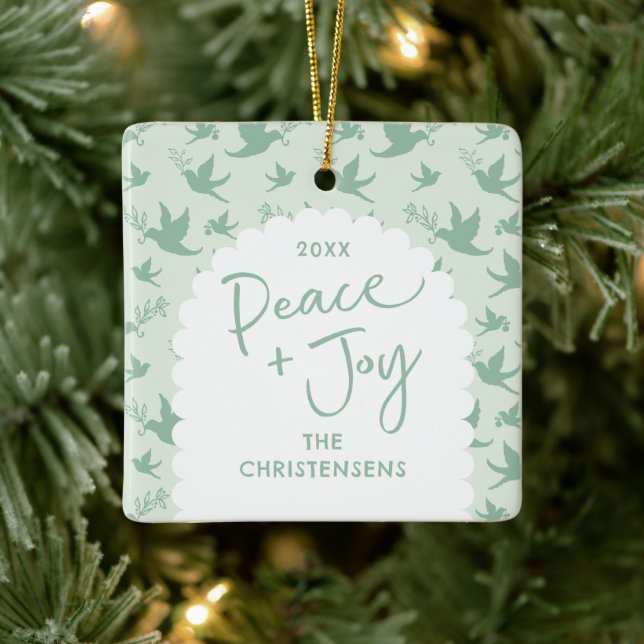 Personalised Pastel Green Peace + Joy Ceramic Ornament (Tree)