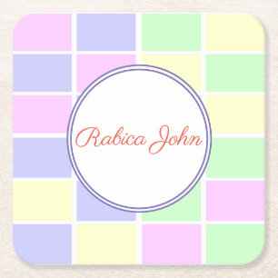 Personalised Pastel Grid Name Custom Party Drink Square Paper Coaster