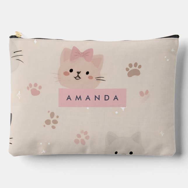 Personalised Pastel Kawaii Cat Face Pattern Accessory Pouch (Front)