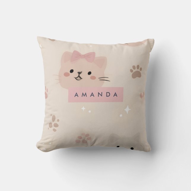 Personalised Pastel Kawaii Cat Face Pattern Cushion (Front)