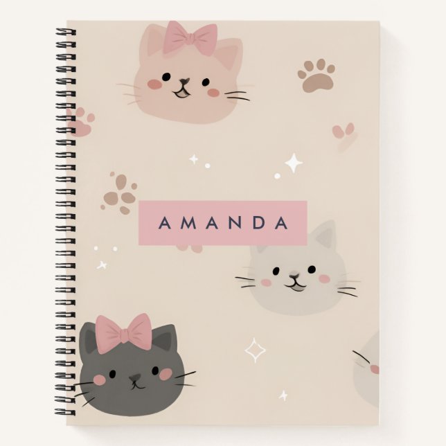 Personalised Pastel Kawaii Cat Face Pattern Notebook (Front)
