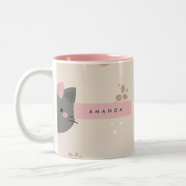 Personalised Pastel Kawaii Cat Face Pattern Two-Tone Coffee Mug (Left)