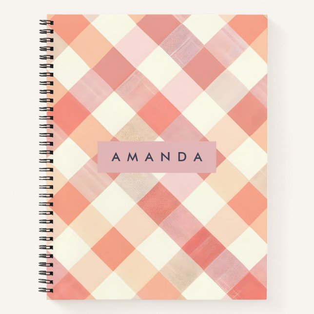 Personalised Pastel Peach Chequered Modern  Notebook (Front)