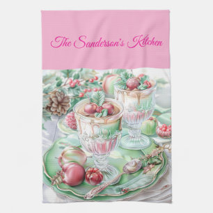 Personalised Pastel Pink & Green Christmas Kitchen Tea Towel