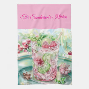 Personalised Pastel Pink & Green Christmas Kitchen Tea Towel
