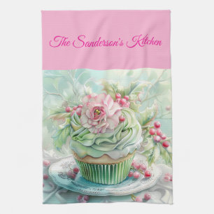 Personalised Pastel Pink & Green Christmas Kitchen Tea Towel
