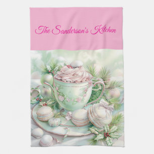 Personalised Pastel Pink & Green Christmas Kitchen Tea Towel