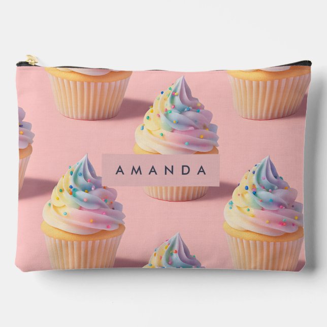 Personalised Pastel Rainbow Cupcake Pattern Accessory Pouch (Front)