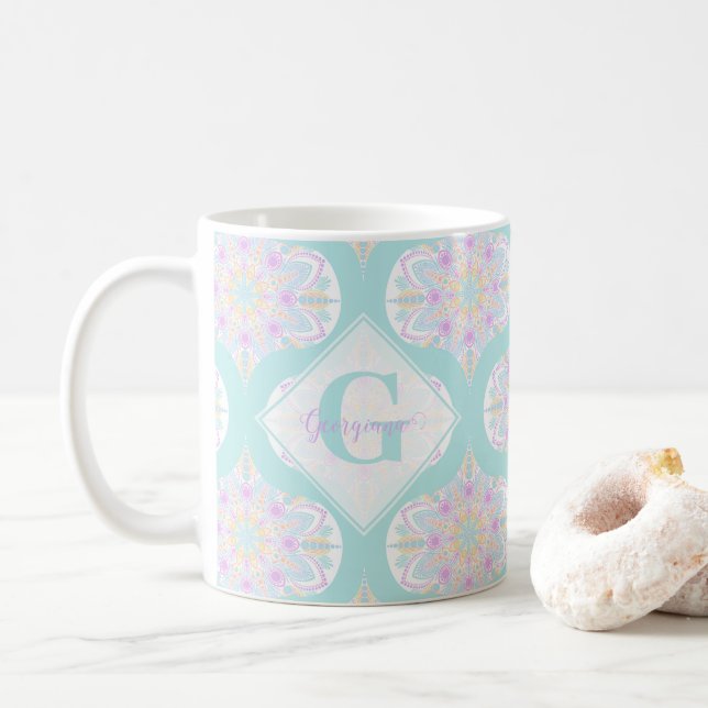 Personalised Pastel Rainbow Floral Mandala Mid Mod Coffee Mug (With Donut)
