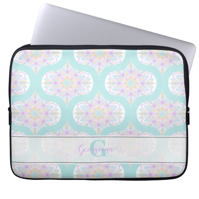 Personalised Pastel Rainbow Floral Mandala Mid Mod Laptop Sleeve (Front)