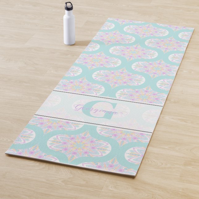 Personalised Pastel Rainbow Floral Mandala Mid Mod Yoga Mat (In Situ)