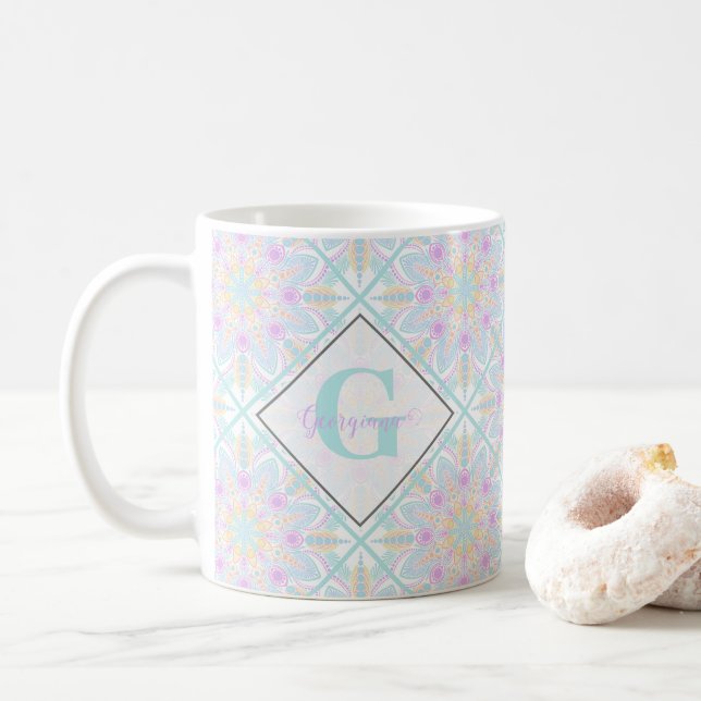Personalised Pastel Rainbow Floral Mandala Tiled Coffee Mug (With Donut)
