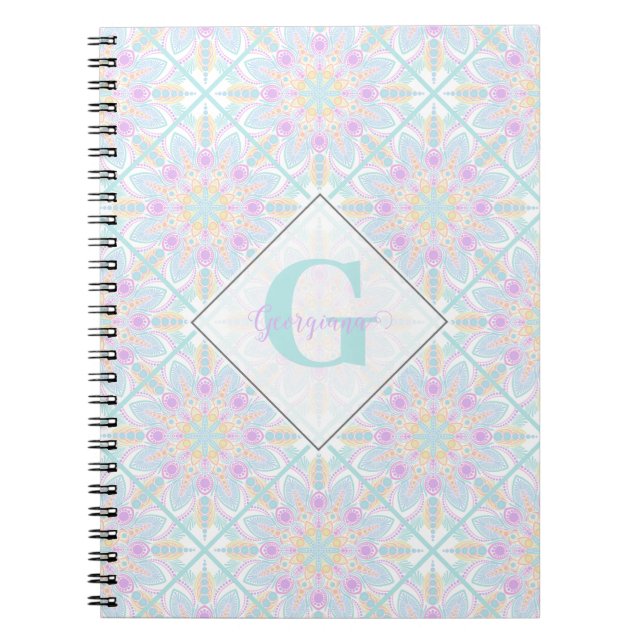 Personalised Pastel Rainbow Floral Mandala Tiled Notebook (Front)