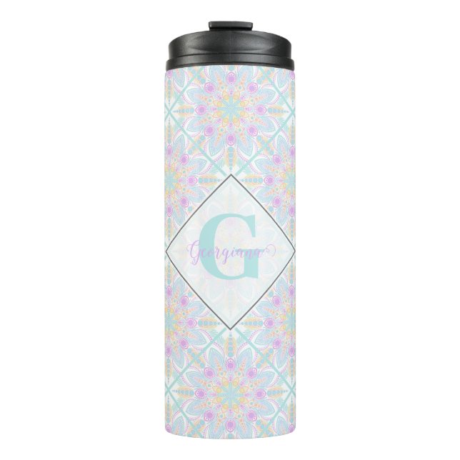 Personalised Pastel Rainbow Floral Mandala Tiled Thermal Tumbler (Front)