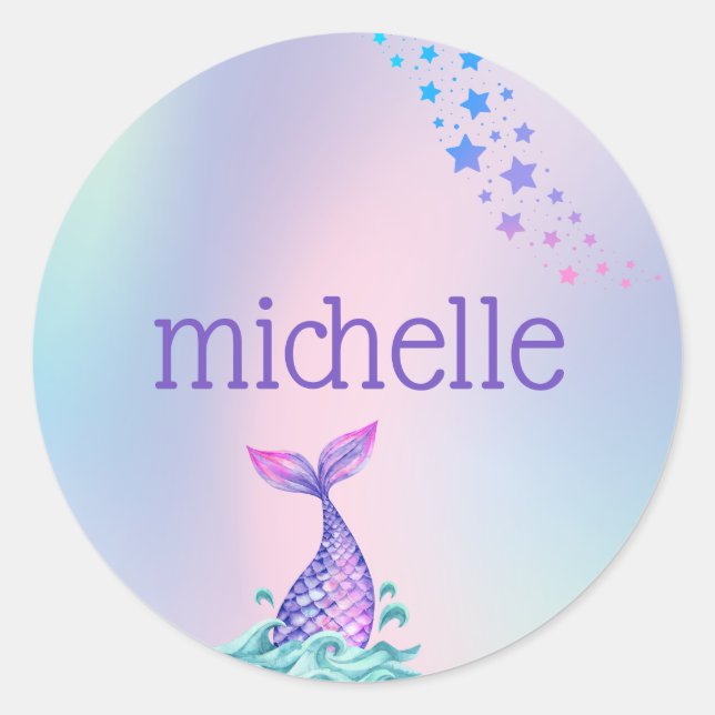 Personalised Pastel Rainbow Mermaid Classic Round Sticker (Front)