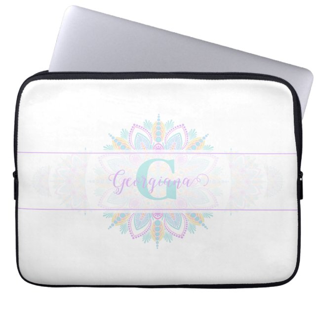 Personalised Pastel Rainbow Ornamental Dot Mandala Laptop Sleeve (Front)