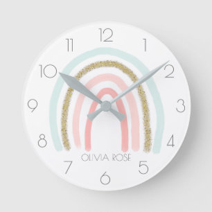 Personalised Pastel Rainbow with Faux Gold Glitter Round Clock