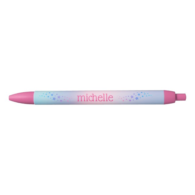 Personalised Pastel Rainbow With Stars Pink Black Ink Pen (Front)