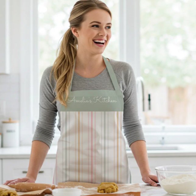 Personalised Pastel Stripes Sage Green Apron (Creator Uploaded)