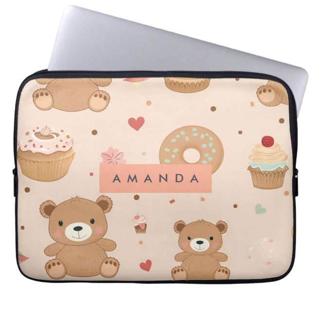 Personalised Pastel Teddy Bear and Doughnut Desser Laptop Sleeve (Front)